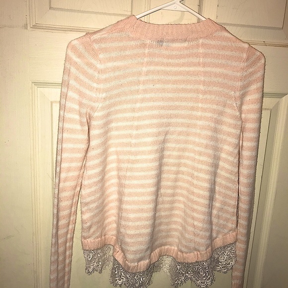 Pink & White Stripped Sweater with Lace on Bottom - Picture 2 of 2